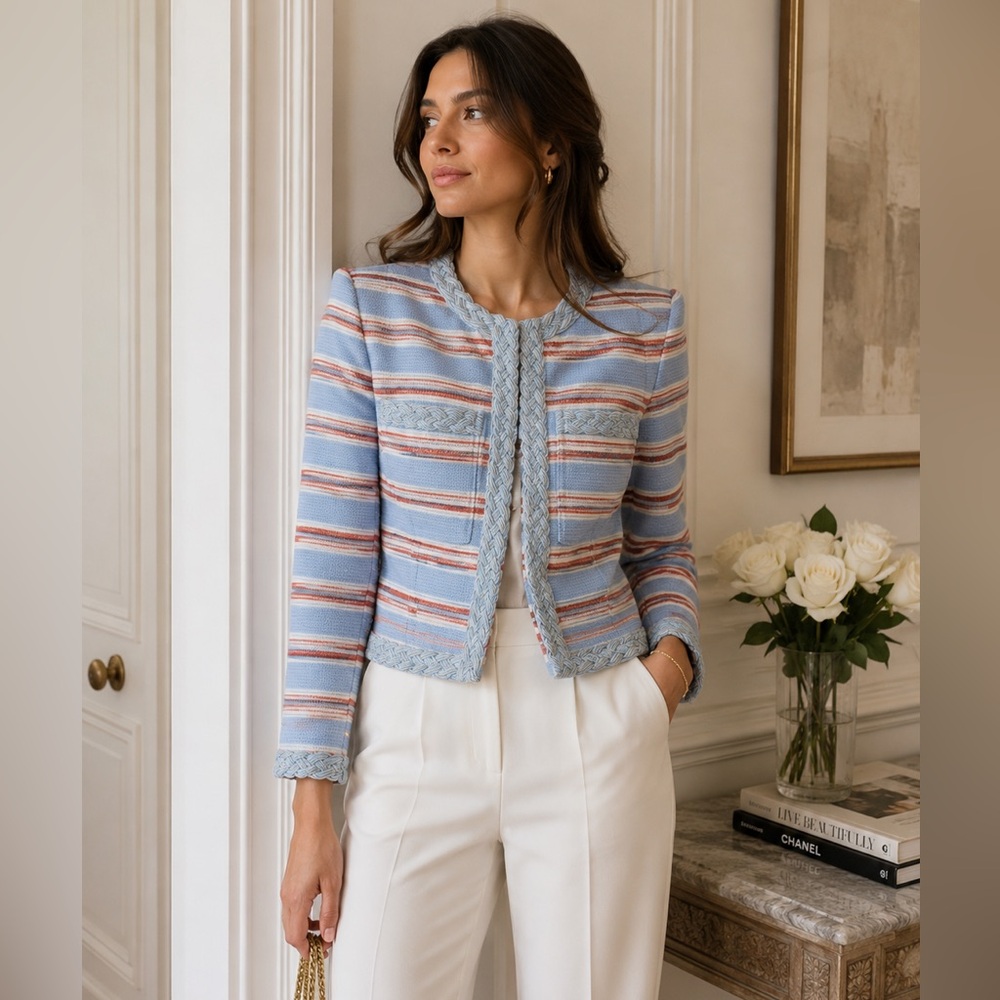 Veronica Beard Arrowe Braided Trim Jacket Blue Multi